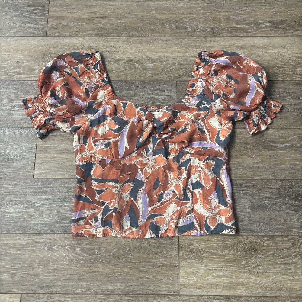 Nine West Peasant Top Sz XL Puff Sleeve Tropical Floral Milk Maid Cottagecore